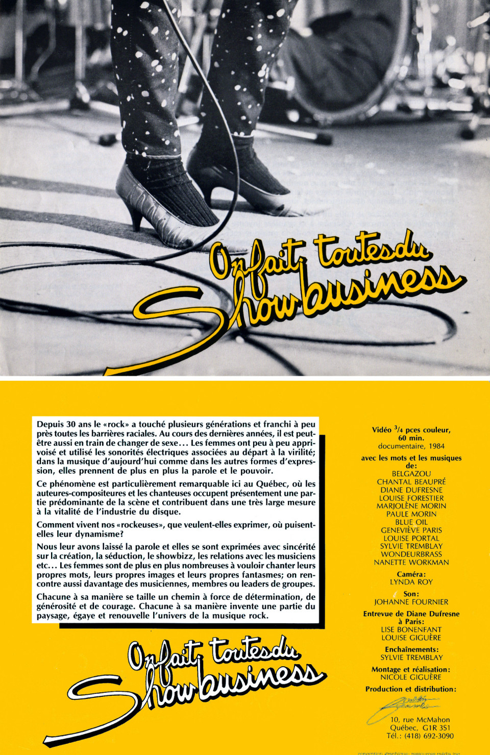 «On fait toutes du showbusiness», documentaire de Nicole Giguère, 1984. Feuillet original. Montage recto verso