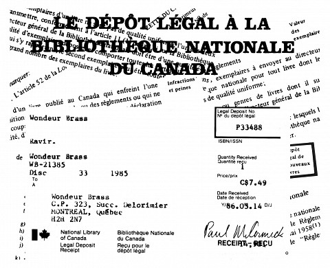 Extraits du reçu attestant le dépot légal du disque «Ravir» à la bibliothèque nationale du Canada
