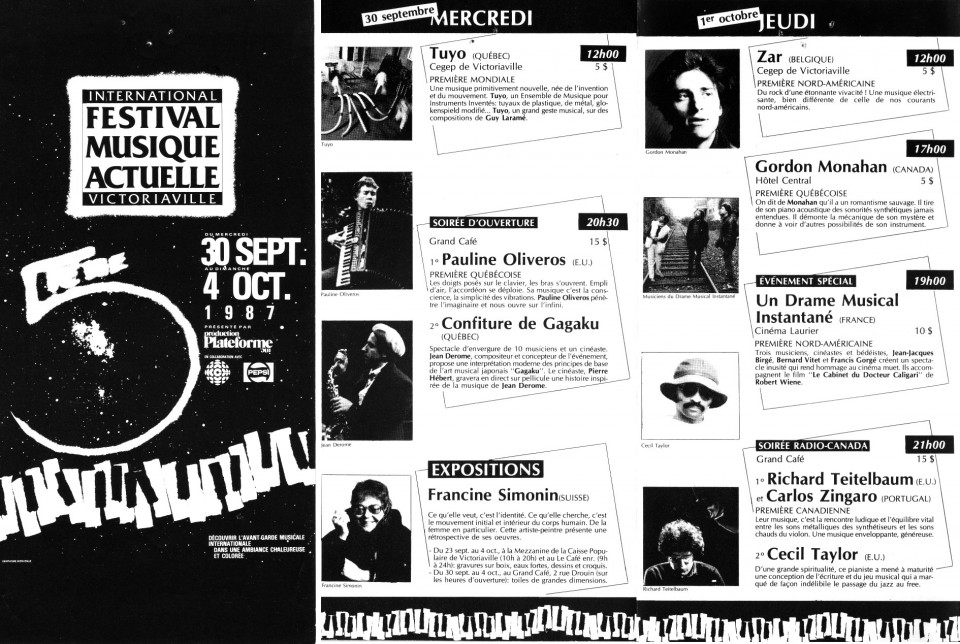 Pages 1, 3 et 4 du dépliant du Festival de musique actuelle de Victoriaville [1987]
