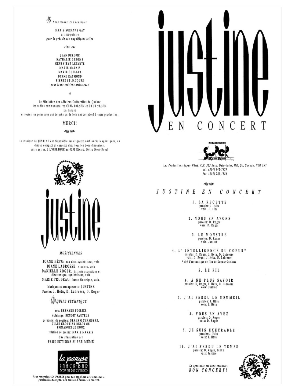 Programme de concert de Justine au Bar-théâtre Les Loges