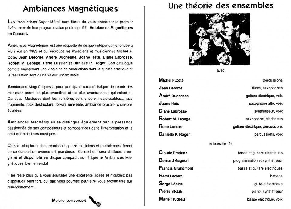 Montage des pages 3 et 6 du programme. «Ambiances Magnétiques en concert» premier événement de la saison 91-92 «Ce n’est pas nouveau, c’est vivant»