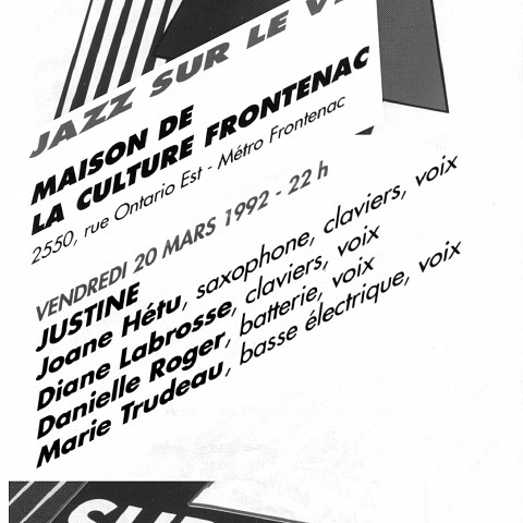 Concert du groupe «Justine» enregistré dans le cadre de «Jazz sur le vif» et diffusé sur la chaîne culturelle de Radio-Canada