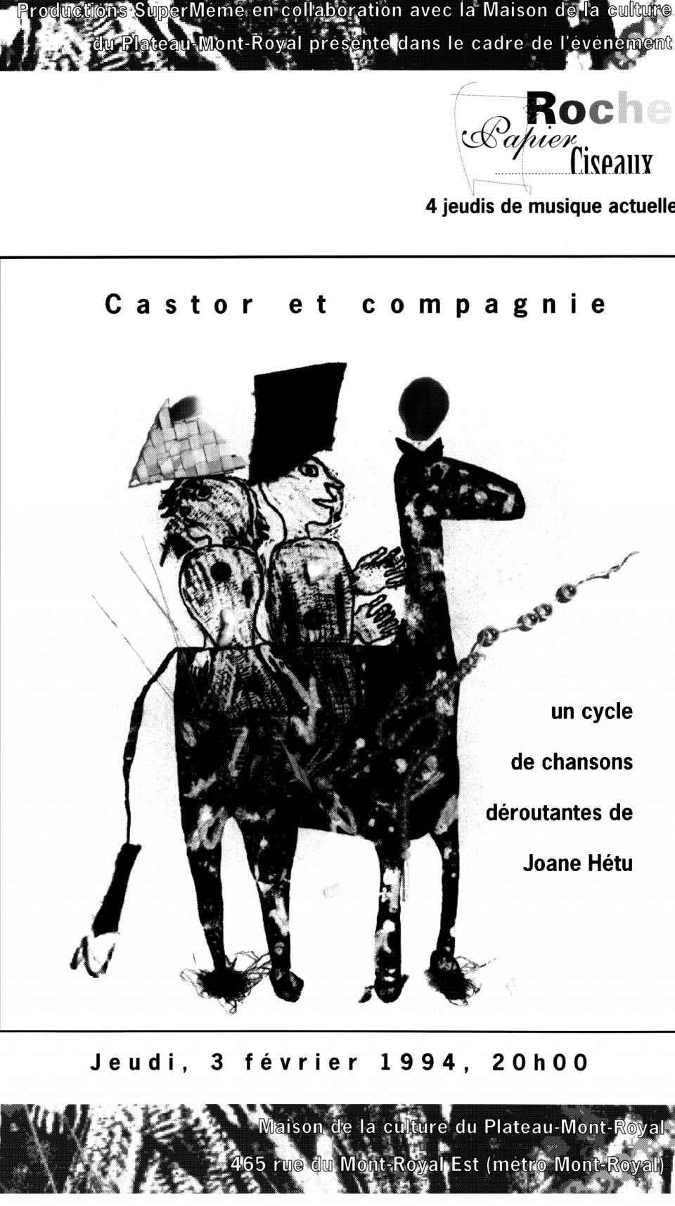 Page 1 du programme. Castor et compagnie de Joane Hétu concert dans la cadre de l’événement «Roche, Papier, Ciseaux» 4 jeudis de musique actuelle