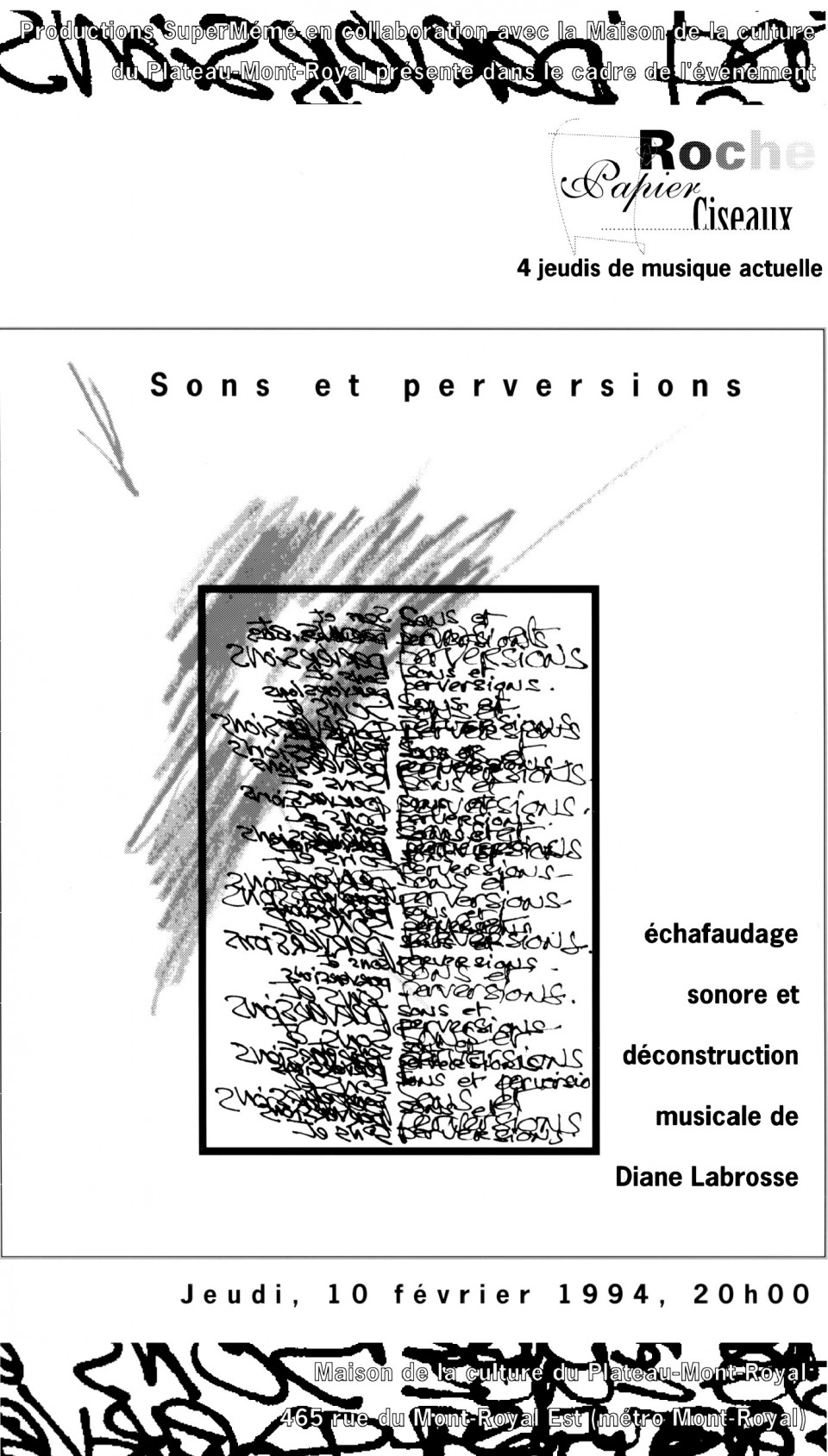Page 1 du programme. «Sons et perversions» de Diane Labrosse concert dans la cadre de l’événement «Roche, Papier, Ciseaux» 4 jeudis de musique actuelle