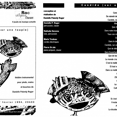Montage des pages 1, 2 et 3 du programme. «Candide (sur une toupie)» de Danielle Palardy Roger concert dans la cadre de l’événement «Roche, Papier, Ciseaux» 4 jeudis de musique actuelle