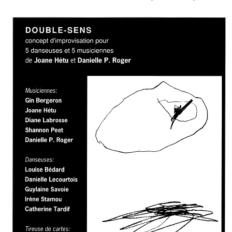 Page 1 du programme. «Double-Sens» de Joane Hétu et Danielle Palardy Roger concert dans la cadre de l’événement «Roche, Papier, Ciseaux» 4 jeudis de musique actuelle [14 × 21.6 cm]