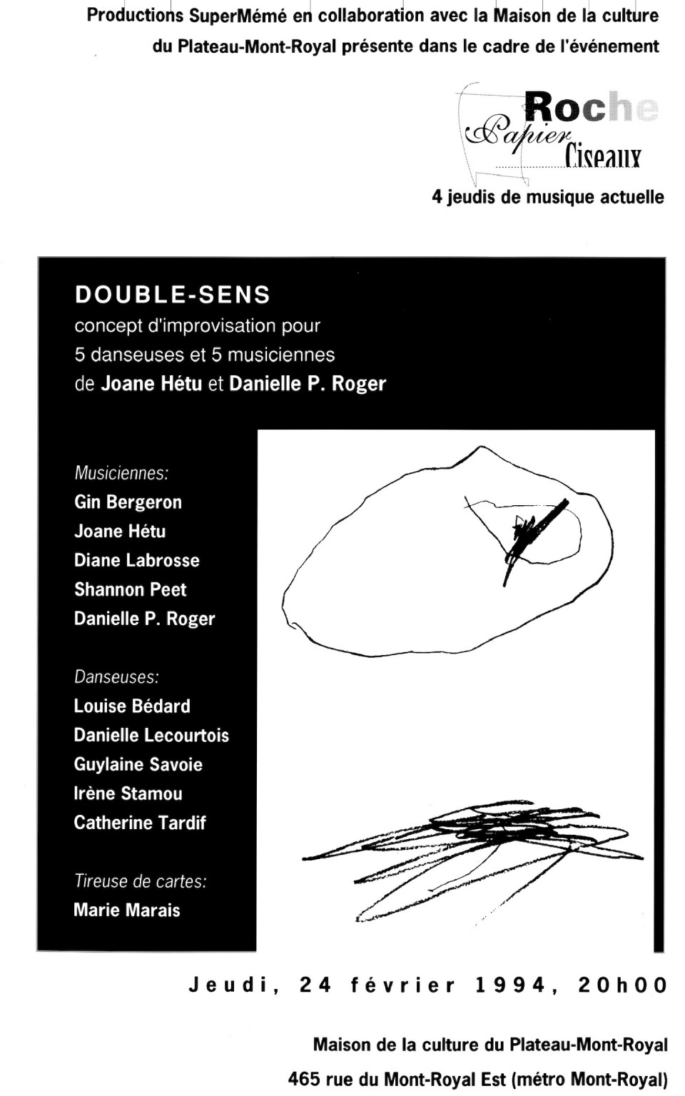 Page 1 du programme. «Double-Sens» de Joane Hétu et Danielle Palardy Roger concert dans la cadre de l’événement «Roche, Papier, Ciseaux» 4 jeudis de musique actuelle