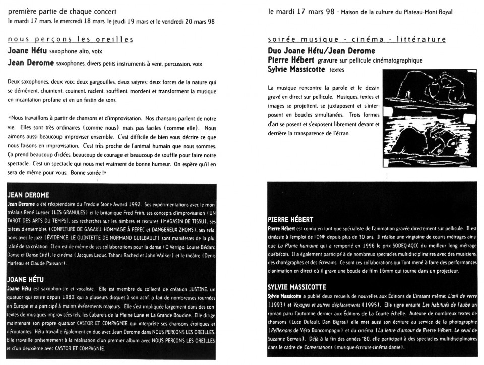 Montage des pages 2 et 3 du programme de «Nous perçons les oreilles» dans le cadre de l’événement «Collection de timbres»