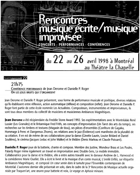 Conférence de Danielle Palardy Roger et Jean Derome dans le cadre de l’événement «Rencontre musique écrite/musique improvisée
