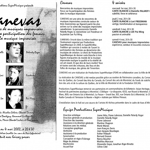 Montage des pages 1, 2, et 3 du programme de l’événement Canevas 2002 [17.8 × 21.6 cm]