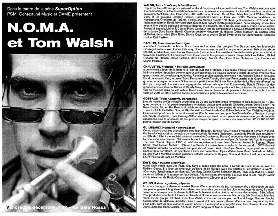 Montage des pages 1 et 2 du programme de l’événement NOMA et Tom Walsh