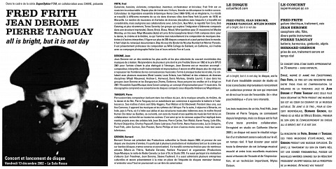 Montage des la pages 1, 2, et 3 du programme de l’événement «Fred Frith, Jean Derome et Pierre Tanguay en concert» dans le cadre de la série SuperOption