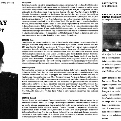 Montage des la pages 1, 2, et 3 du programme de l’événement «Fred Frith, Jean Derome et Pierre Tanguay en concert» dans le cadre de la série SuperOption