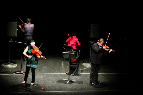 Bozzini Quartet performing the second movement of Le mensonge et l’identité by Jean Derome andJoane Hétu [Photograph: Bruno Massenet, Montréal (Québec), February 21, 2010]