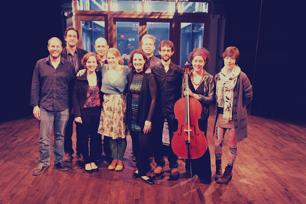 Composer’s Kitchen 2013 with Seán Clancy, Michael Oesterle, Laurence Crane, Amber Priestley, Simon Martin and Marielle Groven [Photograph: Lianne Finnie, Montréal (Québec), April 2013]