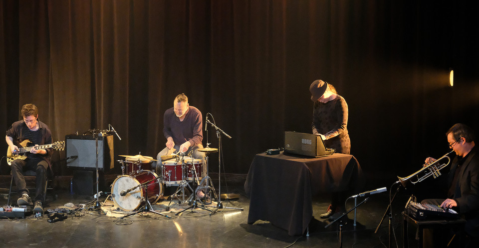 Bernard Falaise, Michel F Côté, Émilie Mouchous, Craig Pedersen / Concert [Photograph: Céline Côté, Montréal (Québec), April 21, 2021]