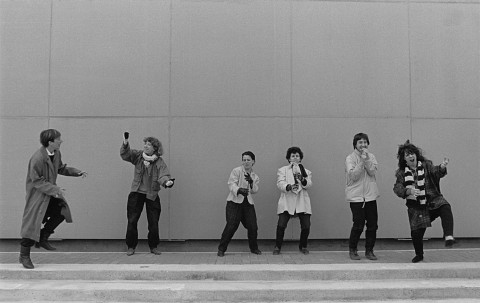 Wondeur Brass (4e formation), portrait style Air Music: Diane Labrosse, Danielle Palardy Roger, Joane Hétu, Gin Bergeron, Hélène Bédard, Judith Gruber-Stitzer [Photo: Suzanne Girard, 1985]